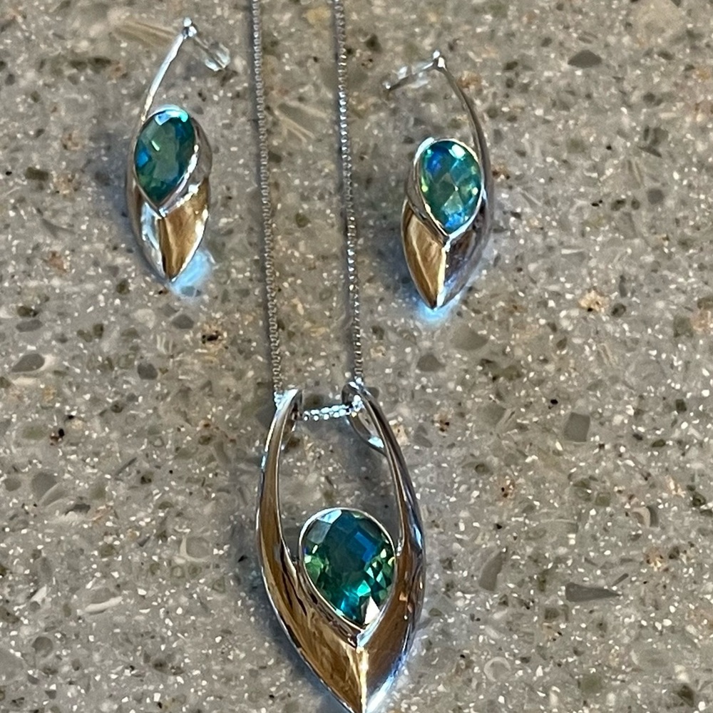 Stunning! Caribbean Blue Green Quartz Pendant & Earrings Set Sterling Silver - Picture 9 of 14